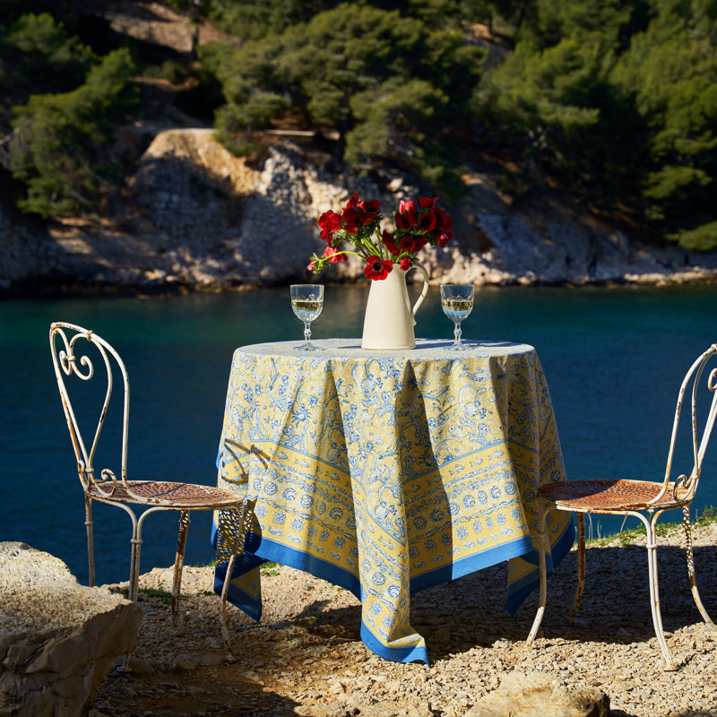 La Mer Handmade Floral Tablecloth, 71" Square, Yellow/Blue