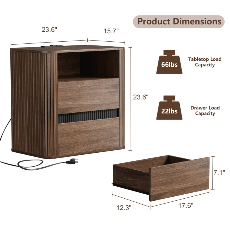 2 Drawer Nightstand With Charging Station