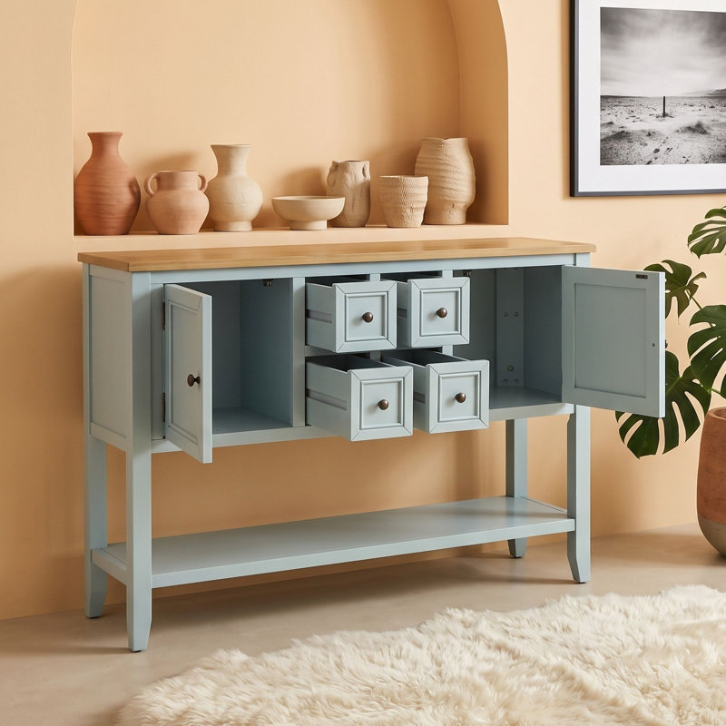 Console rétro avec 4 tiroirs, 2 armoires de rangement, tablette inférieure ouverte et poignées en métal, Lime / blanc