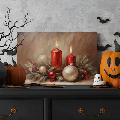 1 pièce d'art mural encadré, décoration de Noël, bougies rouges et boules colorées, affiche rétro réaliste de nature morte pour décoration intérieure, œuvre d'art moderne, cadeau parfait pour la chambre à coucher et le salon, prêt à être accroché, 1 pouce d'épaisseur