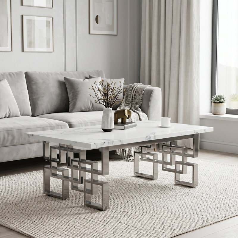 Table basse blanche de 50 pouces, faux marbre rectangulaire moderne avec base chromée creuse pour le bureau du salon