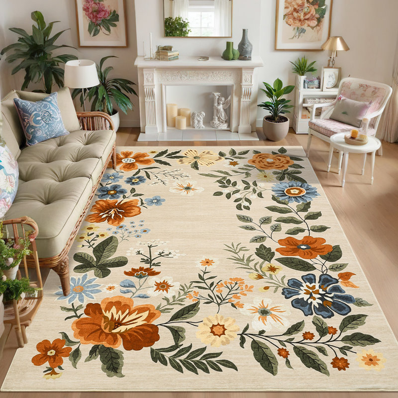 5'x7' Floral Wreath Area Rug, Washable Non Slip Non Shedding Low Pile Stain Resistant Foldable Soft Carpet for Entryway Kitchen Bathroom Beige