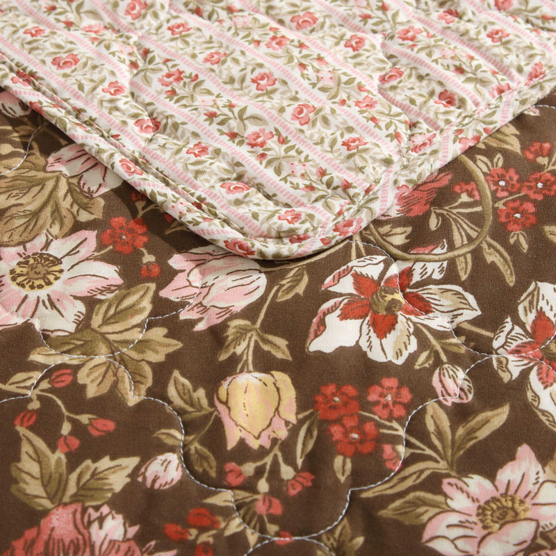Laura Ashley Marta Cotton Reversible Brown Quilt Set, Twin Quilt + 1 Standard Sham