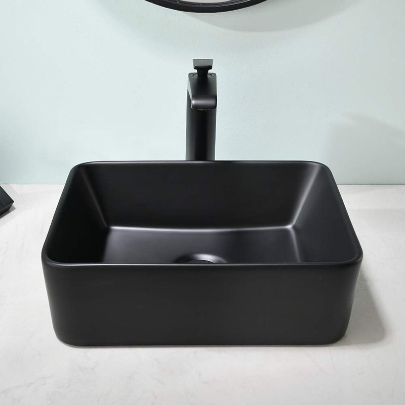 SOUEEUM 15'' Black Ceramic Rectangular Bathroom Sink