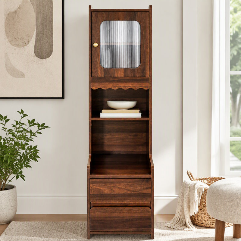 Table de chevet haute avec porte vitrée, tablettes ouvertes et 2 tiroirs