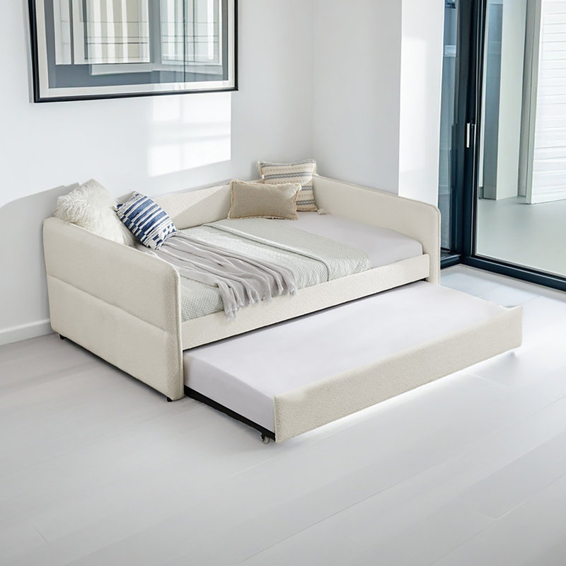 Lit de jour avec canapé-lit capitonné rembourré, tissu Boucle, Beige, Double