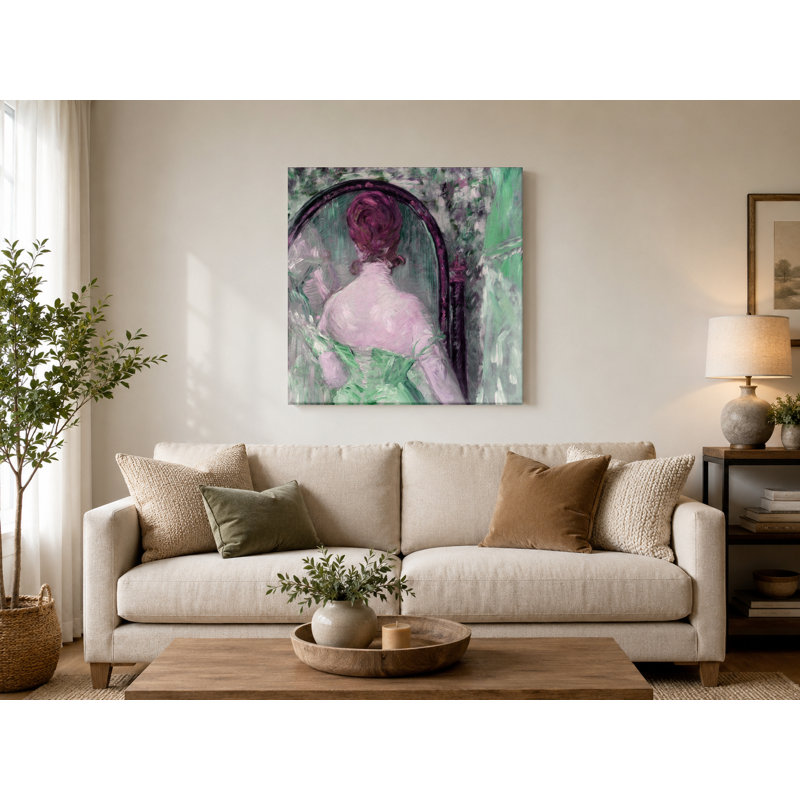 Femme devant un miroir - art mural carré sur toile, 12" W x 12" H