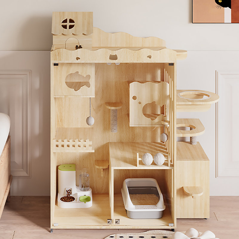 Luxury Solid Wood Cat House with Magnetic Night Light