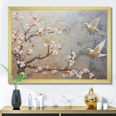 «White and Grey Birds Floral Serenity II», art mural oiseau