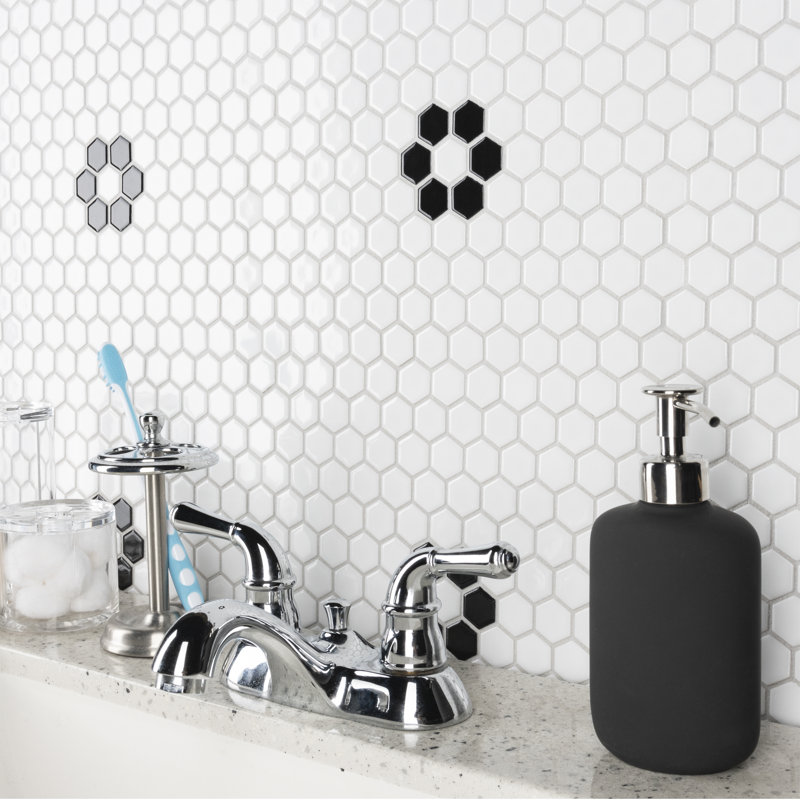 Metro 1" Hex Glossy White with Single Flower 10-1/4 in. x 11-7/8 in. Porcelain Mosaic Floor and Wall Tile