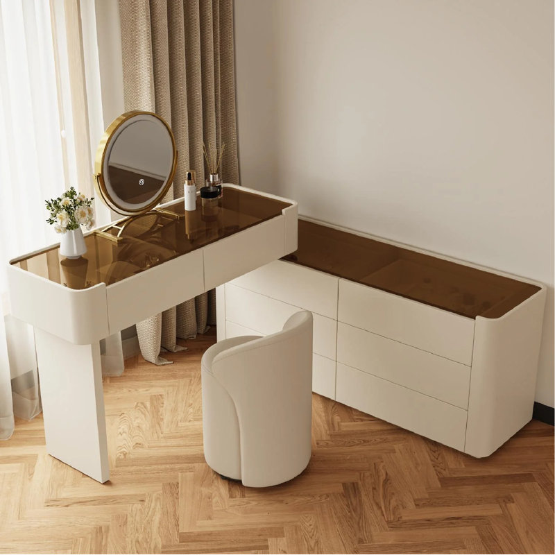Modern Vanity Table Set With Stool & Glass Top, White/Brown