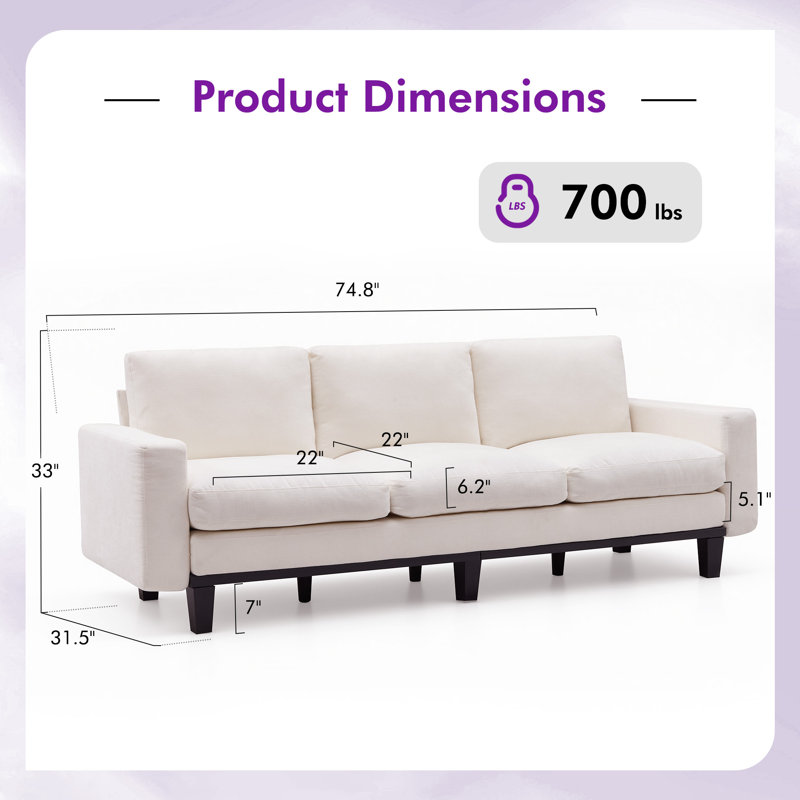 75" Modern  Chenille Upholstered 3 Seater Sofa with Deep Seat, Cream, Cream Chenille