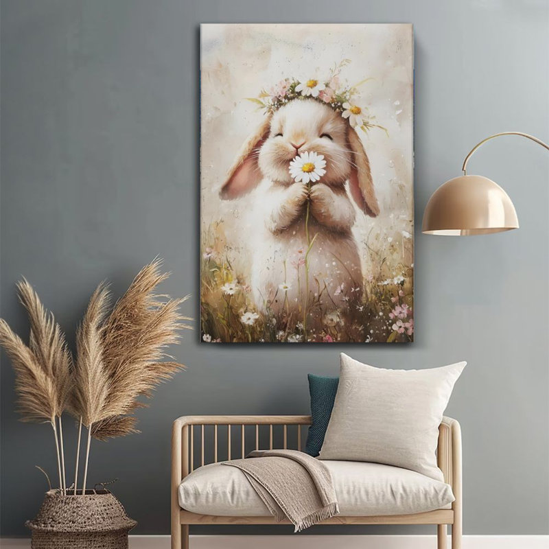 Lapin dans une couronne de marguerites - Impression d'art mural animalier sur toile tendue sur châssis, 91,4 cm (H) x 61 cm (L), prête à être accrochée pour une chambre d'enfant, une chambre à coucher ou un salon