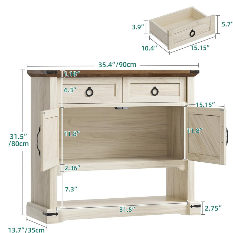 Elenora 35.4'' W Farmhouse Console Table with Storage Shelf, Drawers & Doors