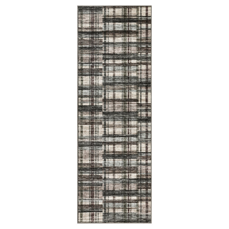 Modern Machine Washable Plaid Floor Cover with Non-Slip Backing, Stain-Resistant Low Pile Indoor Mat, Farmhouse Accent Carpet