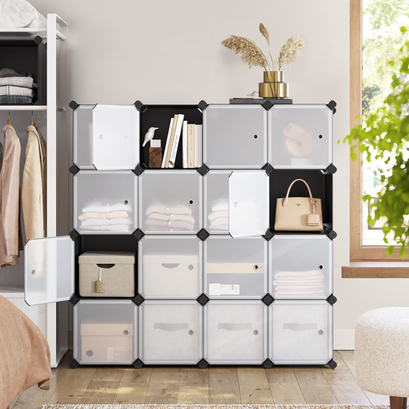 Cube Storage Organizer, Set Of 16 Plastic Cubes, Closet Storage Shelves, DIY Plastic Closet Cabinet, Modular Bookcase, Shelving With Doors For Bedroom, Living Room