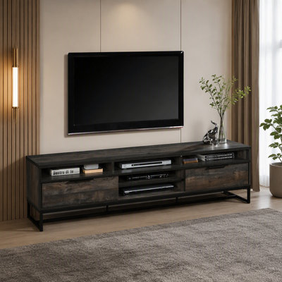 Meuble télé en faux bois avec tiroirs de rangement et tablettes ouvertes