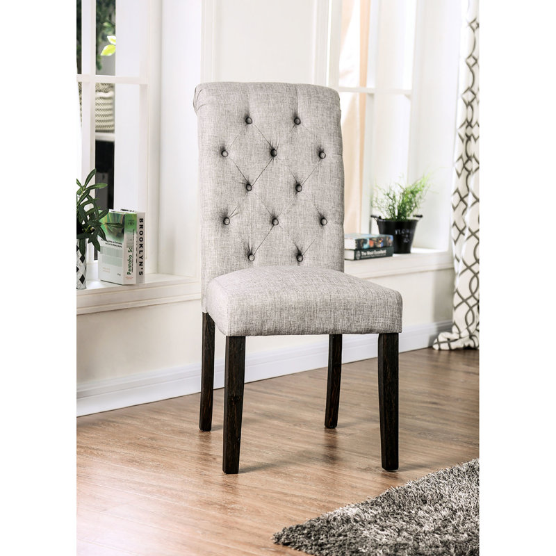 Chaises d'appoint rustiques, 2 chaises, gris antique, tissu semblable au lin, bois massif, dossier à boutons, dossier à volutes ravissantes, ornementation