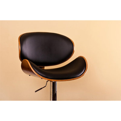 Modern Contemporary Swivel Walnut Bentwood Lift Adjustable Height Bar Stool With Curved Seat And Back
