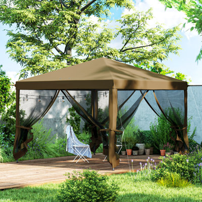 3 X 3m Pop Up Gazebo, 420d Canopy With Removable Mesh Sidewall Netting, 3-level Adjustable Powder-coated Metal Frame, With Carry Bag Guy Ropes Ground Stakes, Garden Patio Outdoor Party Tent, Khaki