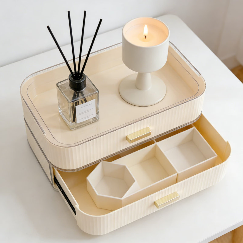 Rangement empilable avec tiroir et plateau supérieur amovible, Beige