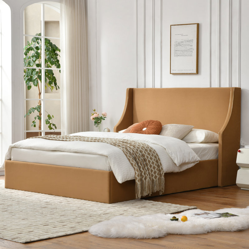 Lit plateforme tapissier avec rangement Linvel, Grand, Velours kaki