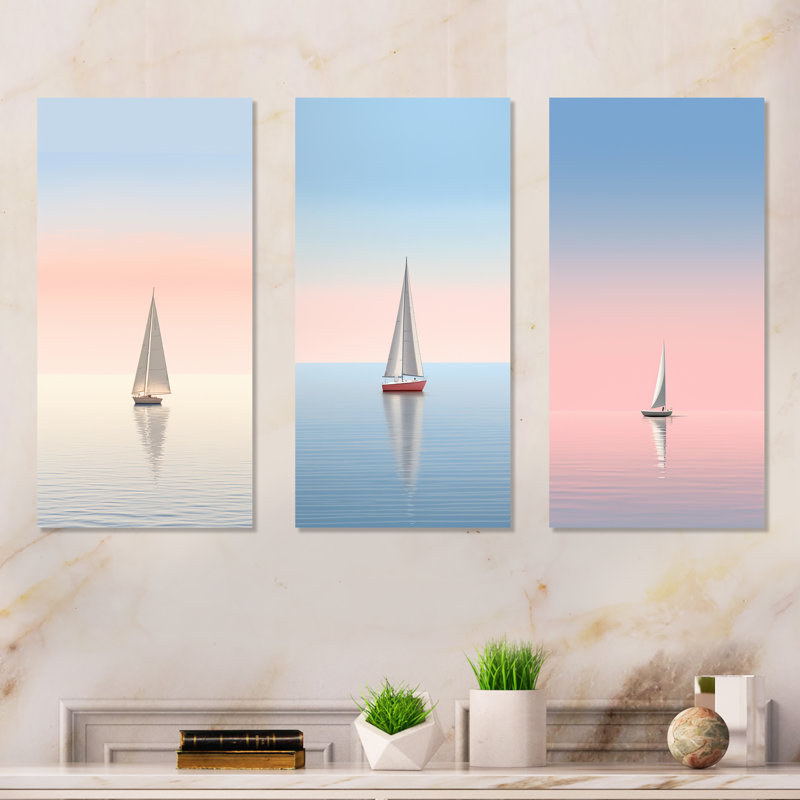 Coastal Calm Pink And Blue Sailboat Photo - Coastal Metal Wall Art Set Of 3, 28" H x 36" W