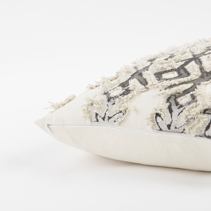 Ivory and Silver Geometric Cotton Throw Pillow with Frayed Edges
