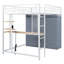 Full Size Loft Metal Bed With Desk,Shelves,Power Outlet,LED Light And Wardrobe, White
