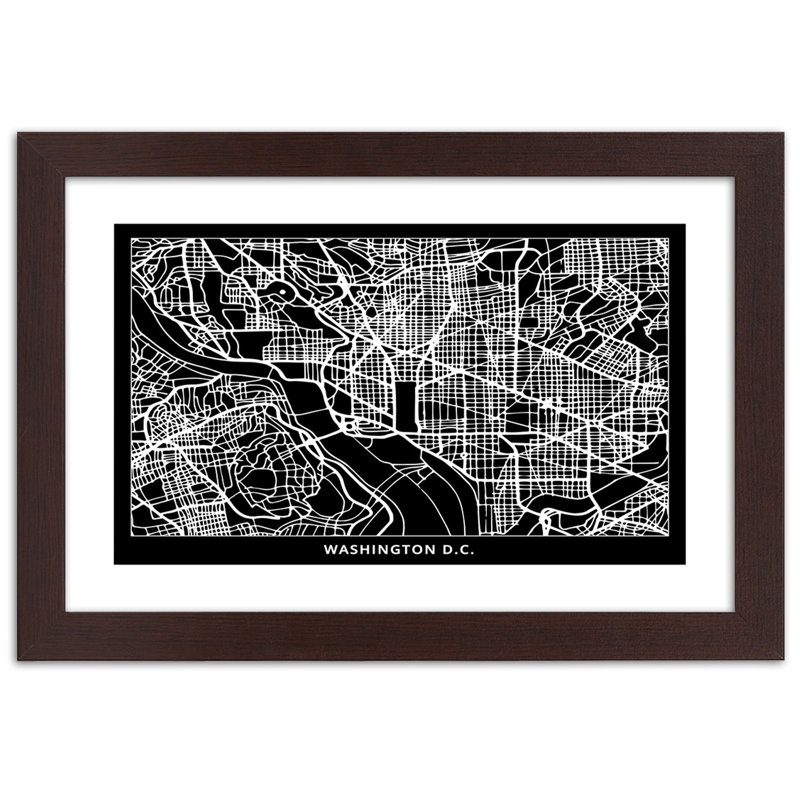Washington Dc City Map - Single Picture Frame Print, 60cm H x 90cm W, Brown