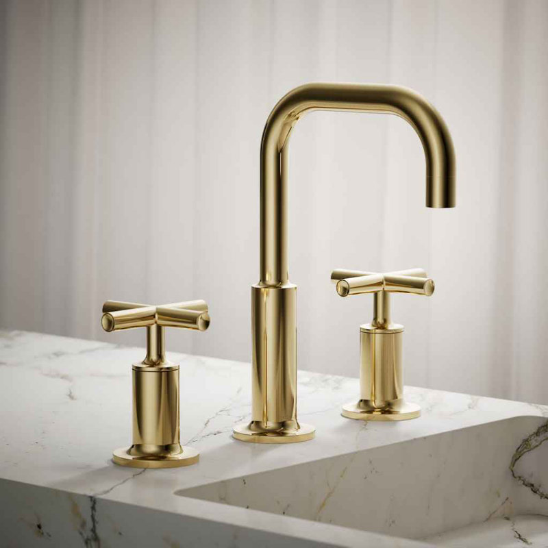 Kohler Purist Widespread Bathroom Faucet with Pop-Up Drain Assembly, 3-Hole High Arc Cross Handle Bathroom Sink Faucet, 1.2 gpm