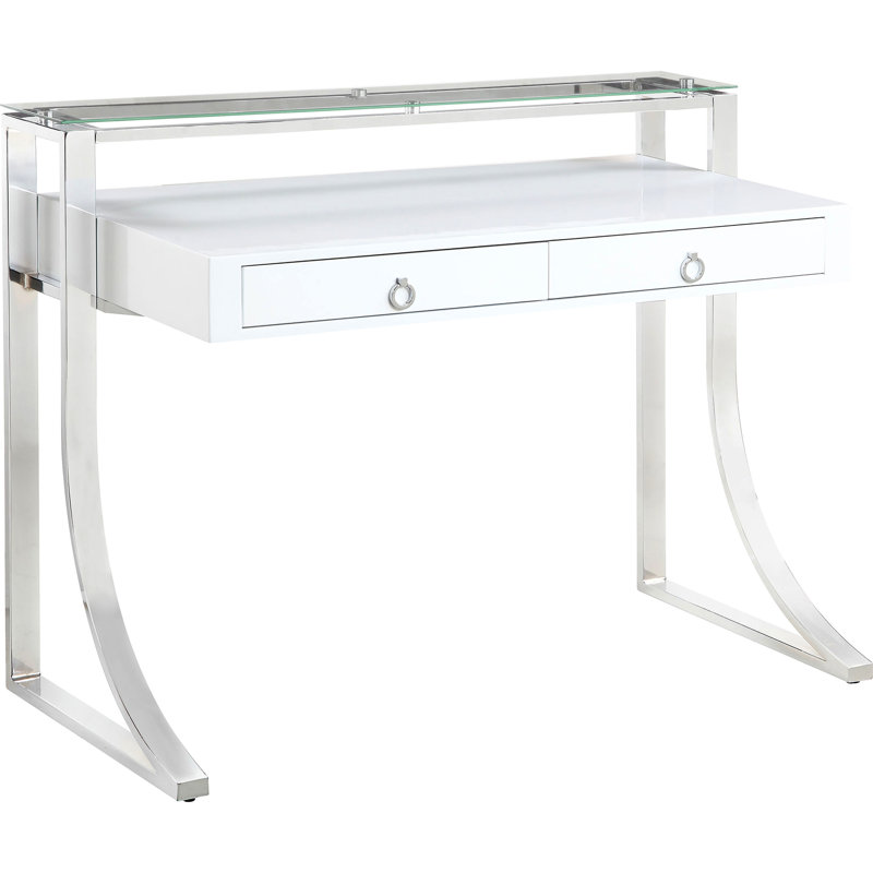 Bureau d'écriture blanc ultrabrillant à 2 tiroirs avec structure en métal et verre, style contemporain pour espaces de bureau, 36 pouces de hauteur, tiroirs rectangulaires, structure, forme, base traîneau