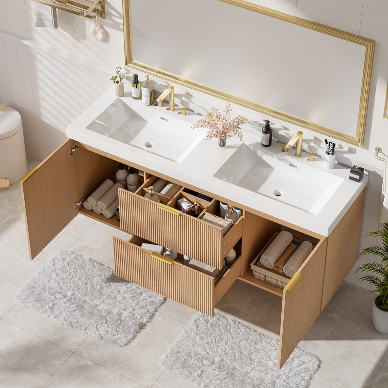 60" Bathroom Vanity With Sink Combo, Floating Double Sink Bathroom Vanity With Solid Wood Frame, Wood