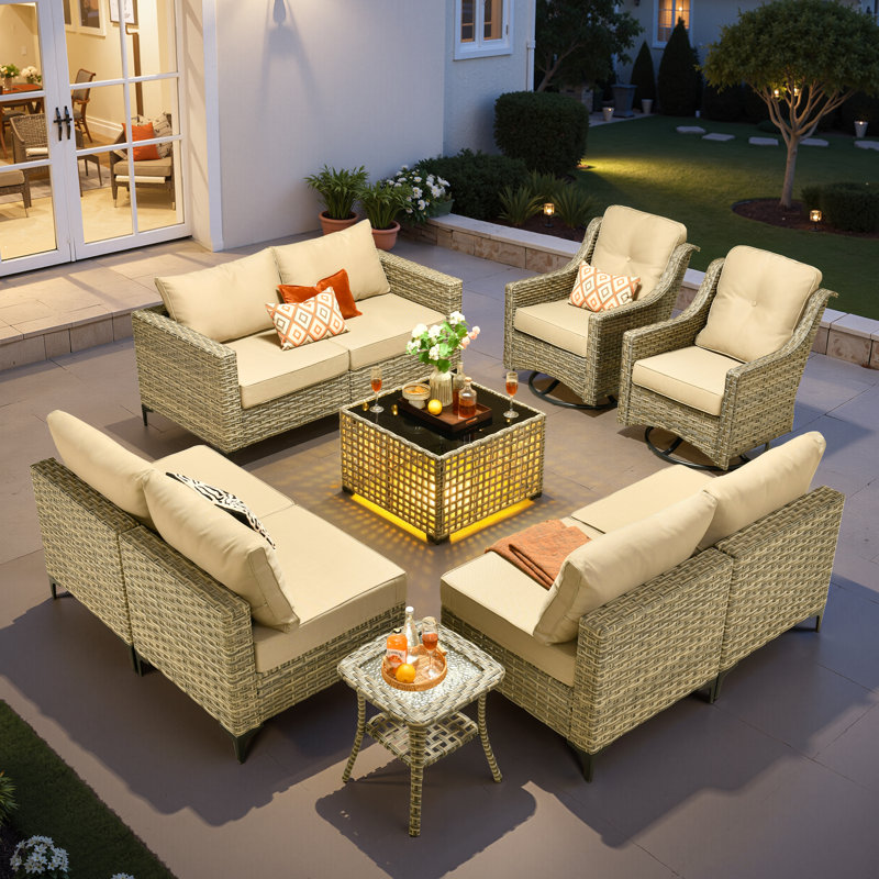 Emroy 8 - Person Wicker/Rattan Sectional Seating Group with Lighted Coffee Table and Swivel Chairs, All Weather Modular Outdoor Conversation Set with Cushions