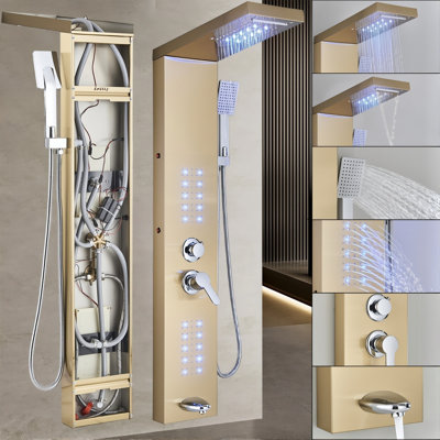 Panneau de douche à DEL avec système de douche à pluie et jets de massage en acier inoxydable