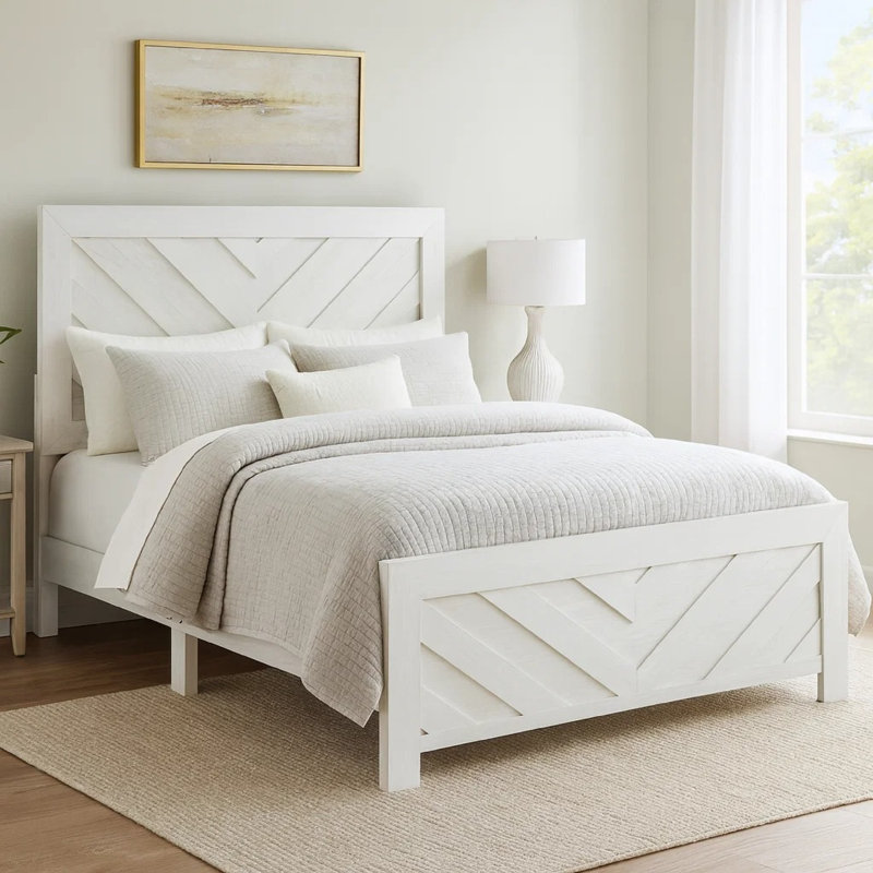 Contemporary Panel Bed Wooden, White, Full