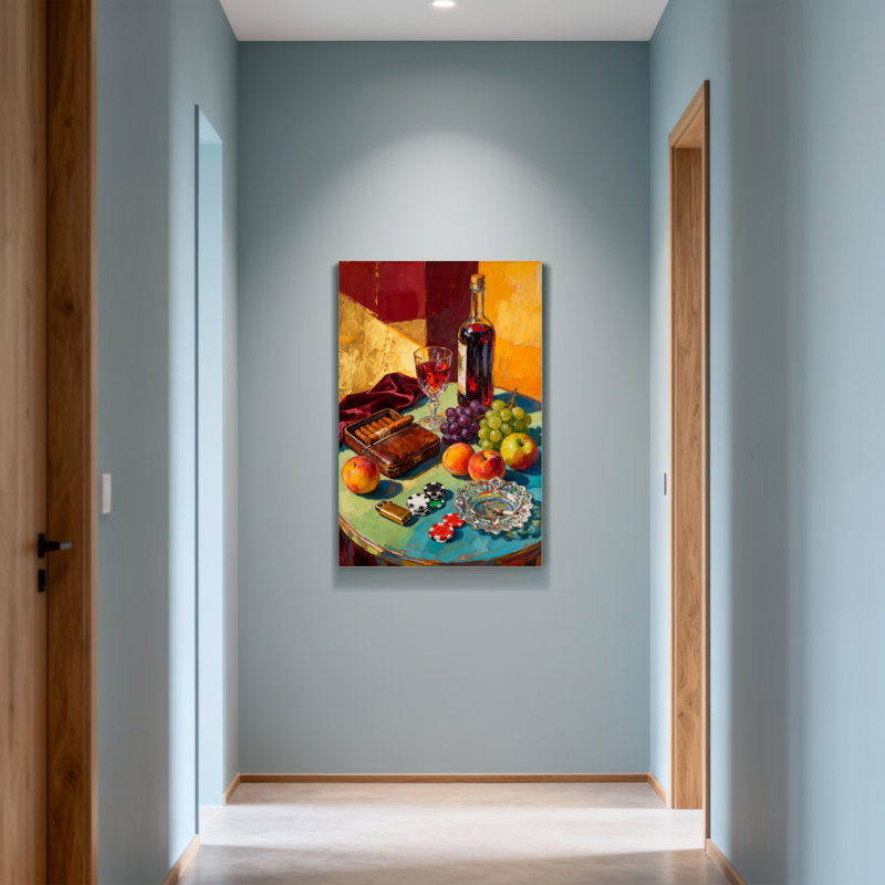 Mode nature morte avec vin et fruits, H 32 po x l 48 po