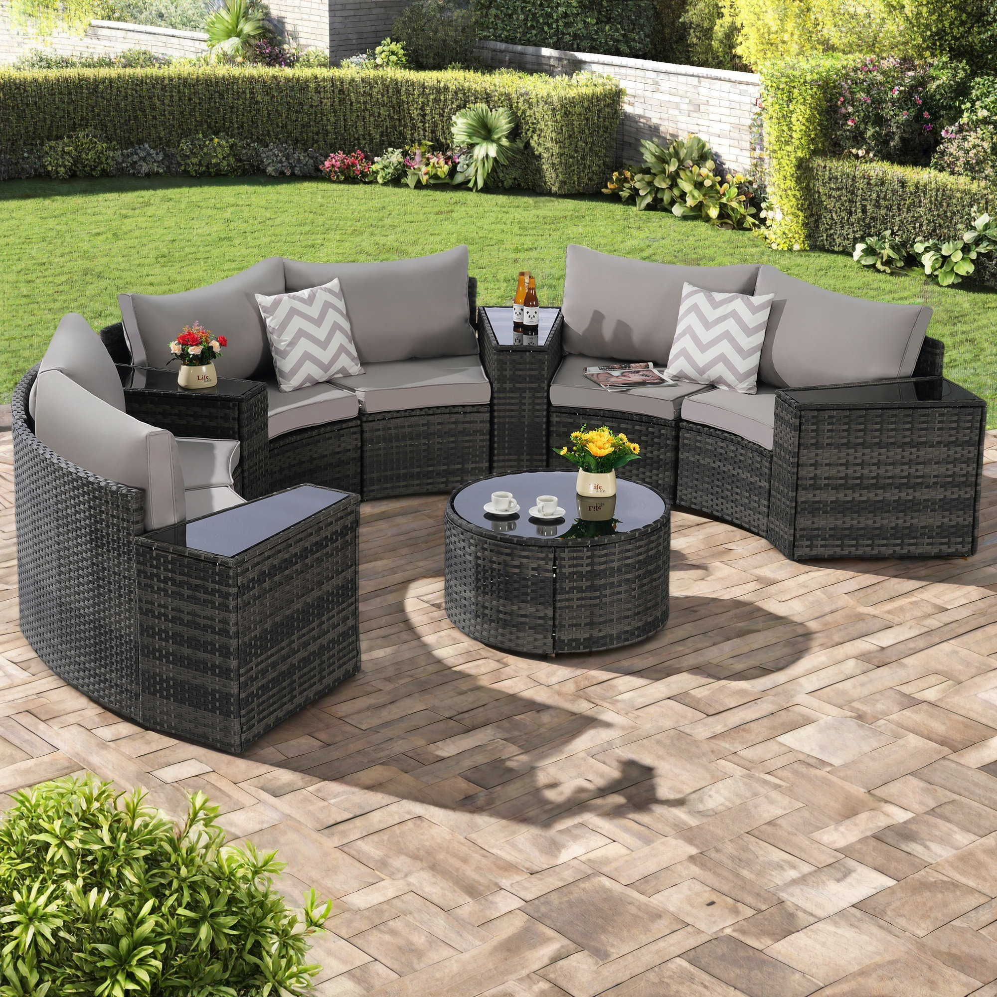 Latitude Run® Outdoor Patio Furniture 11-Piece Half-Moon Sectional ...