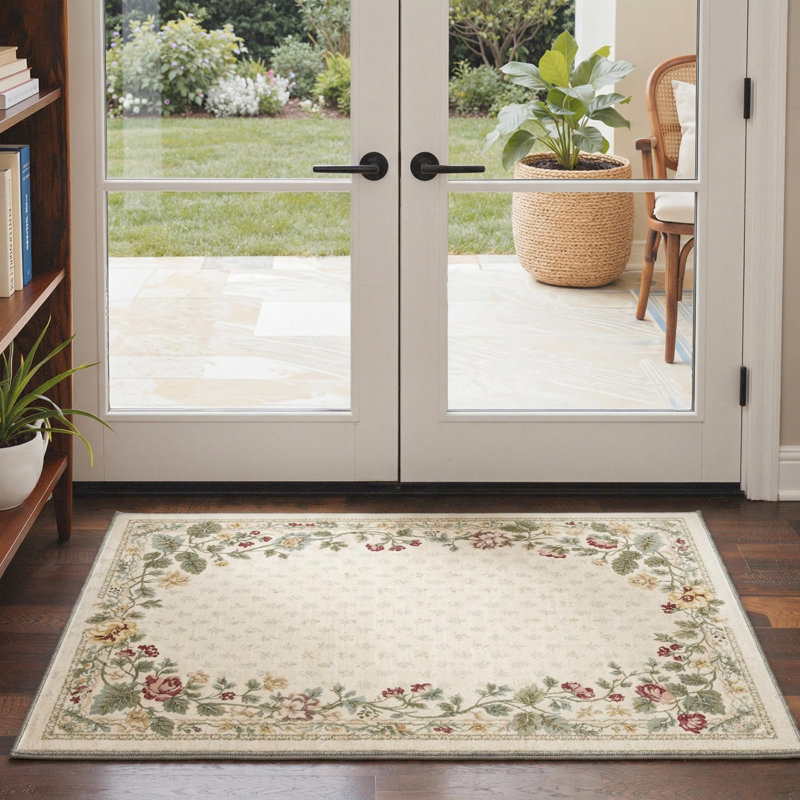 Floral Machine Washable Beige/Light Green/Ivory Indoor Area Rug With Non-Slip Backing, Runner 2'3" x 6'