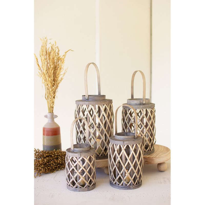  Ensemble de 4 lanternes cylindriques grises en forme de saule gris avec inserts en verre de 19,5 po de hauteur