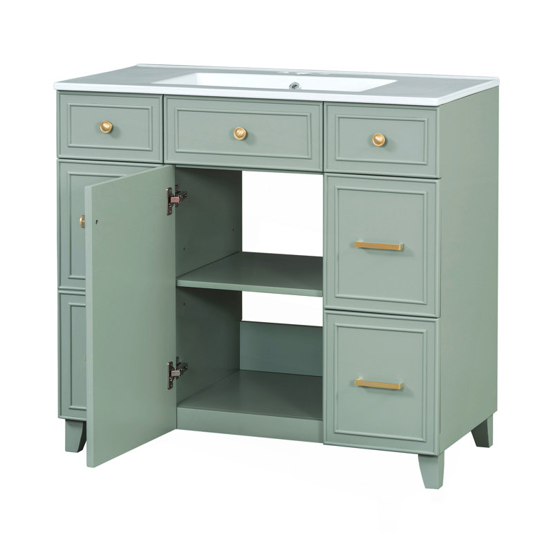 Meuble-lavabo 36 po avec lavabo en céramique, cadre en bois massif vert, portes à fermeture douce, tablettes réglables, 3 tiroirs, y compris un tiroir à double profondeur pour le rangement du sèche-cheveux