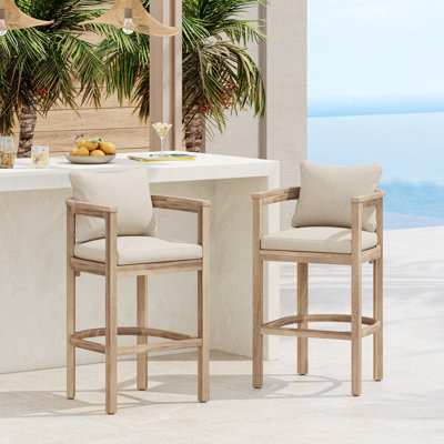 Gregorian Patio 30.3 Seat Height Acacia Wood Bar Stools With Cushions by Millwood Pines