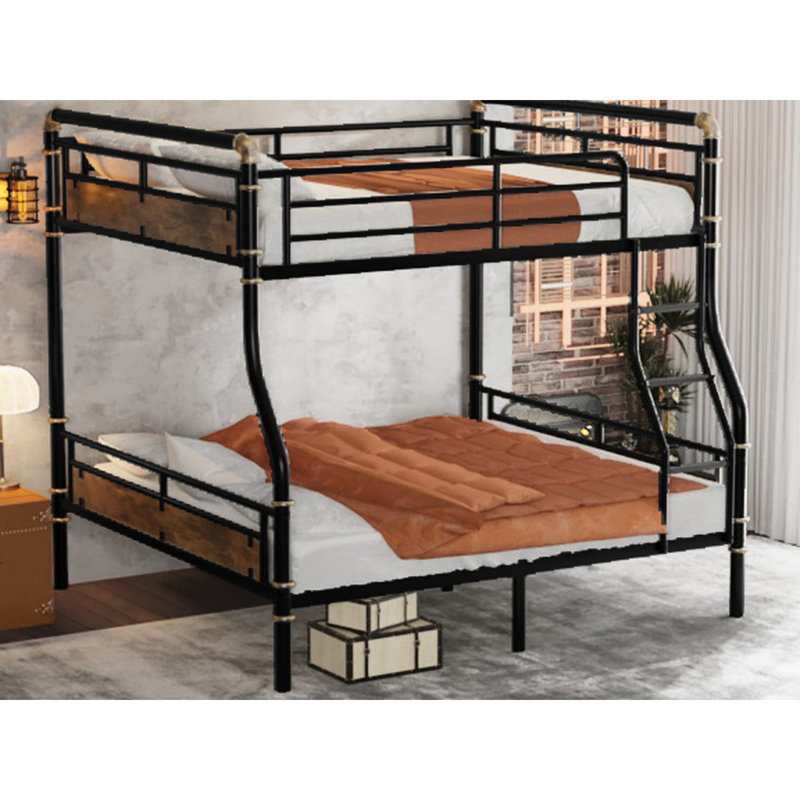 Lit superposé noir au-dessus d'un très grand lit double avec tête de lit et métal pour une utilisation à long terme