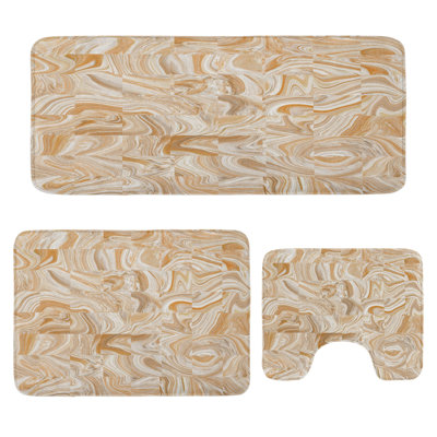 Brown Bathroom Rug Set 3 Pieces U-Shape & Rectangle Mats Tan Cream