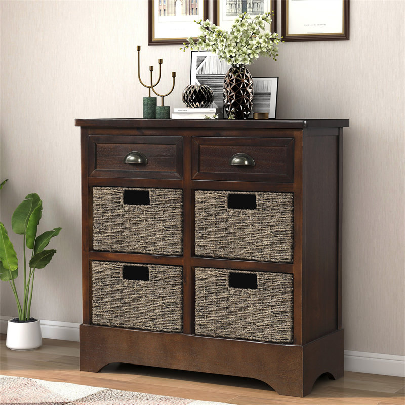 Small Console Table with Drawers and 4 Removable Rattan Basket, Espresso