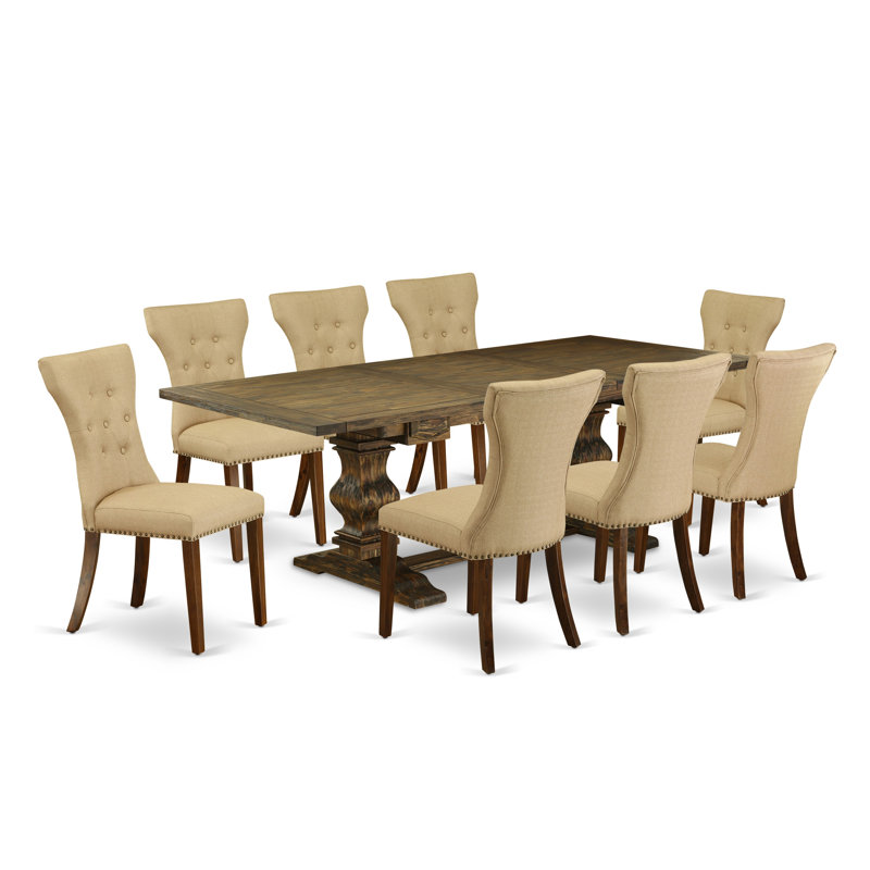 L'ensemble de table de salle à manger 9 pièces comprend une table de salle à manger rectangulaire avec rallonge amovible et 8 chaises rembourrées en tissu brun, jacobin vieilli