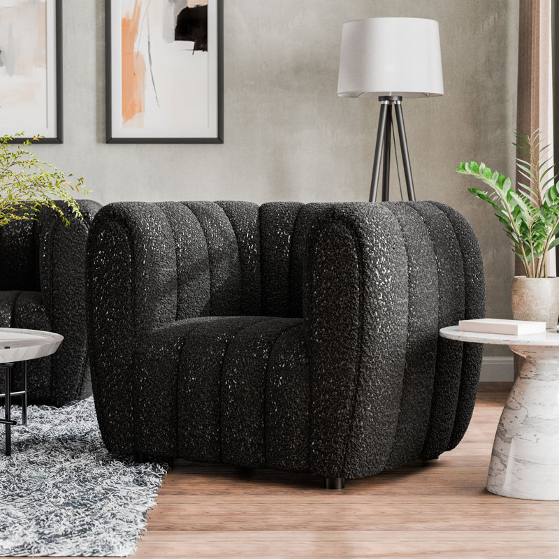 Fauteuil demi-tonneau capitonné Celal Channel, Bouclé noir