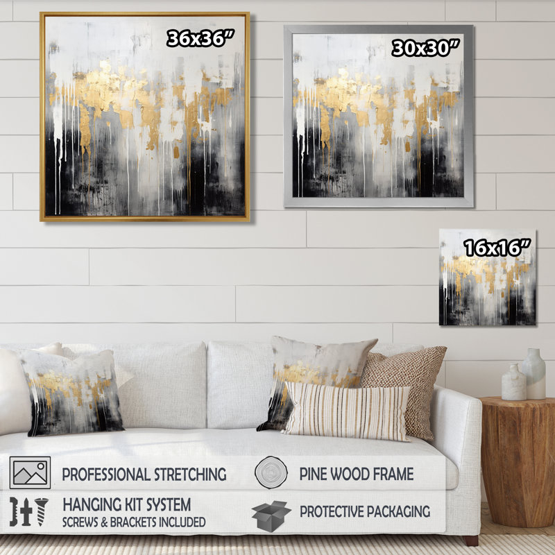 «Dripping Gold White Gray Black Gold - Abstract», reproduction d'art murale, H 36 po x l 36 po, Toile tendue