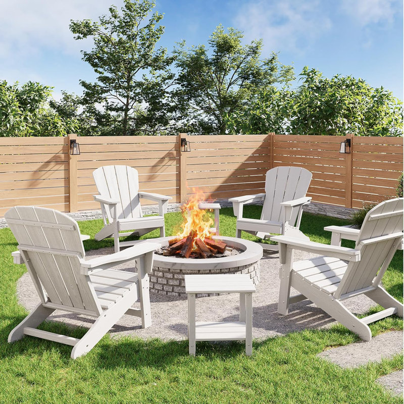 Adirondack Chair Set of 4 with 2 Side Tables, Oversized 380LB Capacity HDPE Outdoor Chairs, Weather-Resistant Fire Pit Seating with Wood Grain Texture, White