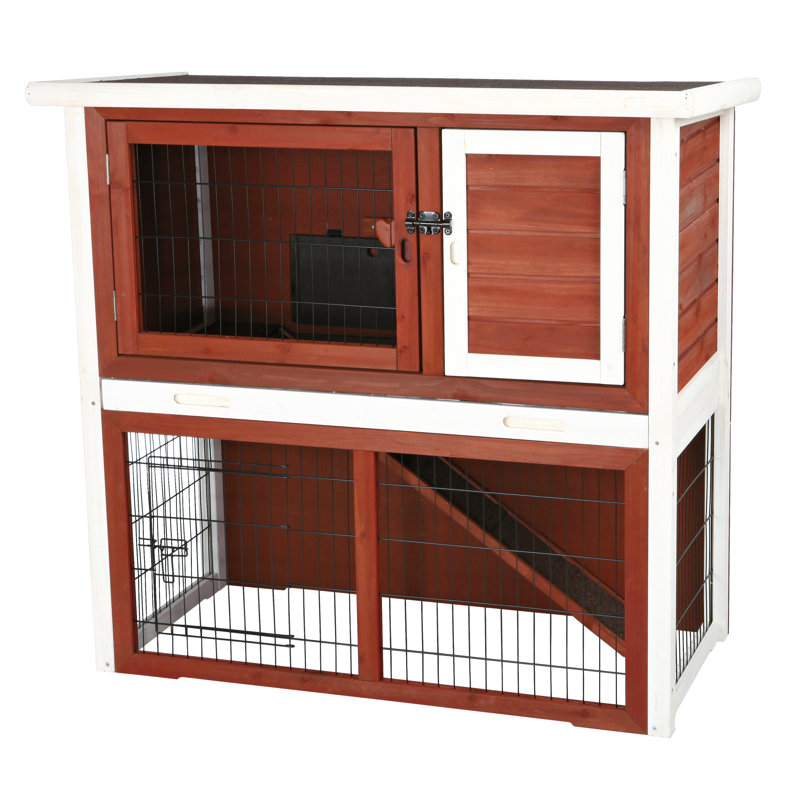 Medium Auburn and White 2-Story Wooden Rabbit Hutch with Slanted Roof